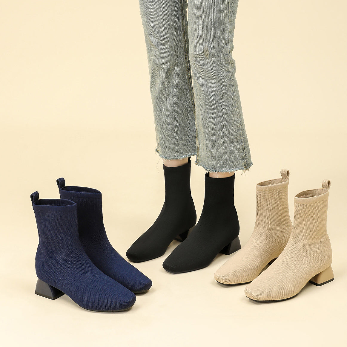 Aria Knit Ankle Boots – 5cm Block Heel Comfort