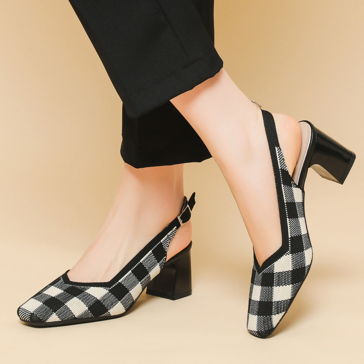 Checkered Slingback Heels – 5cm Block Heel Comfort