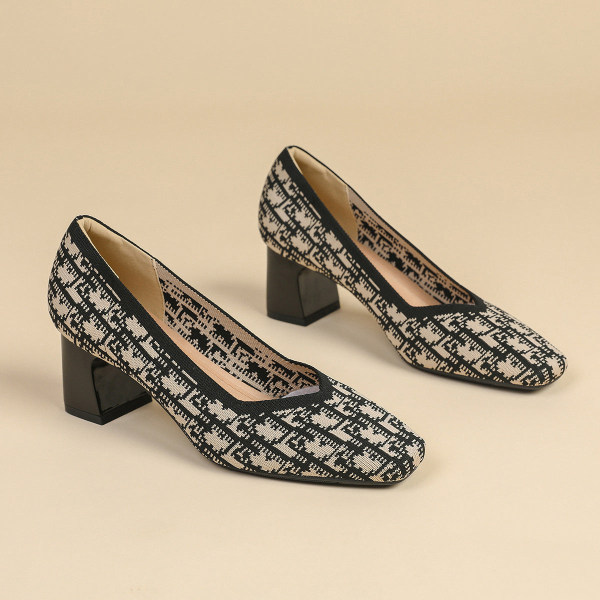 Houndstooth Knit Pumps – 5cm Block Heel Comfort
