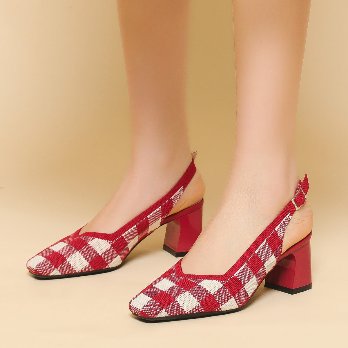 Checkered Slingback Heels – 5cm Block Heel Comfort