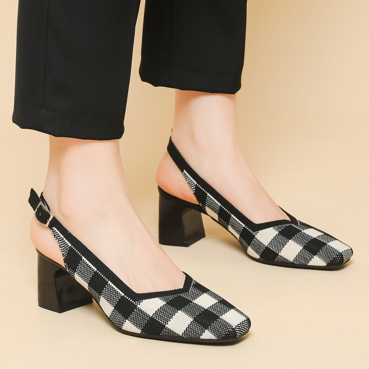 Checkered Slingback Heels – 5cm Block Heel Comfort