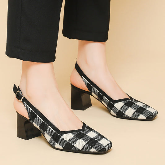 Checkered Slingback Heels – 5cm Block Heel Comfort