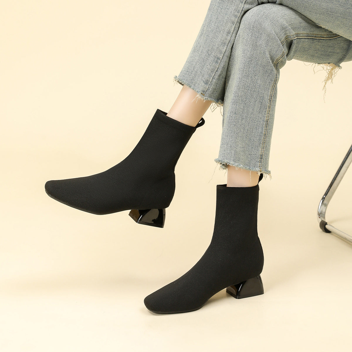 Aria Knit Ankle Boots – 5cm Block Heel Comfort