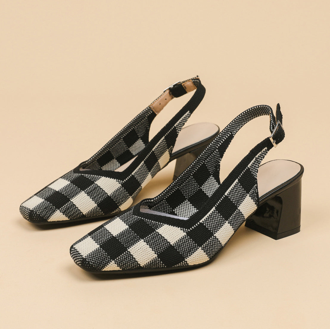 Checkered Slingback Heels – 5cm Block Heel Comfort