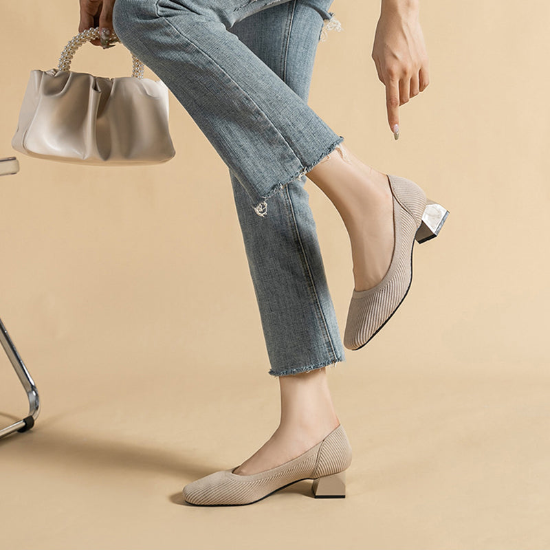 Knit Block Heel Pumps – 5cm Comfortable Work Heels