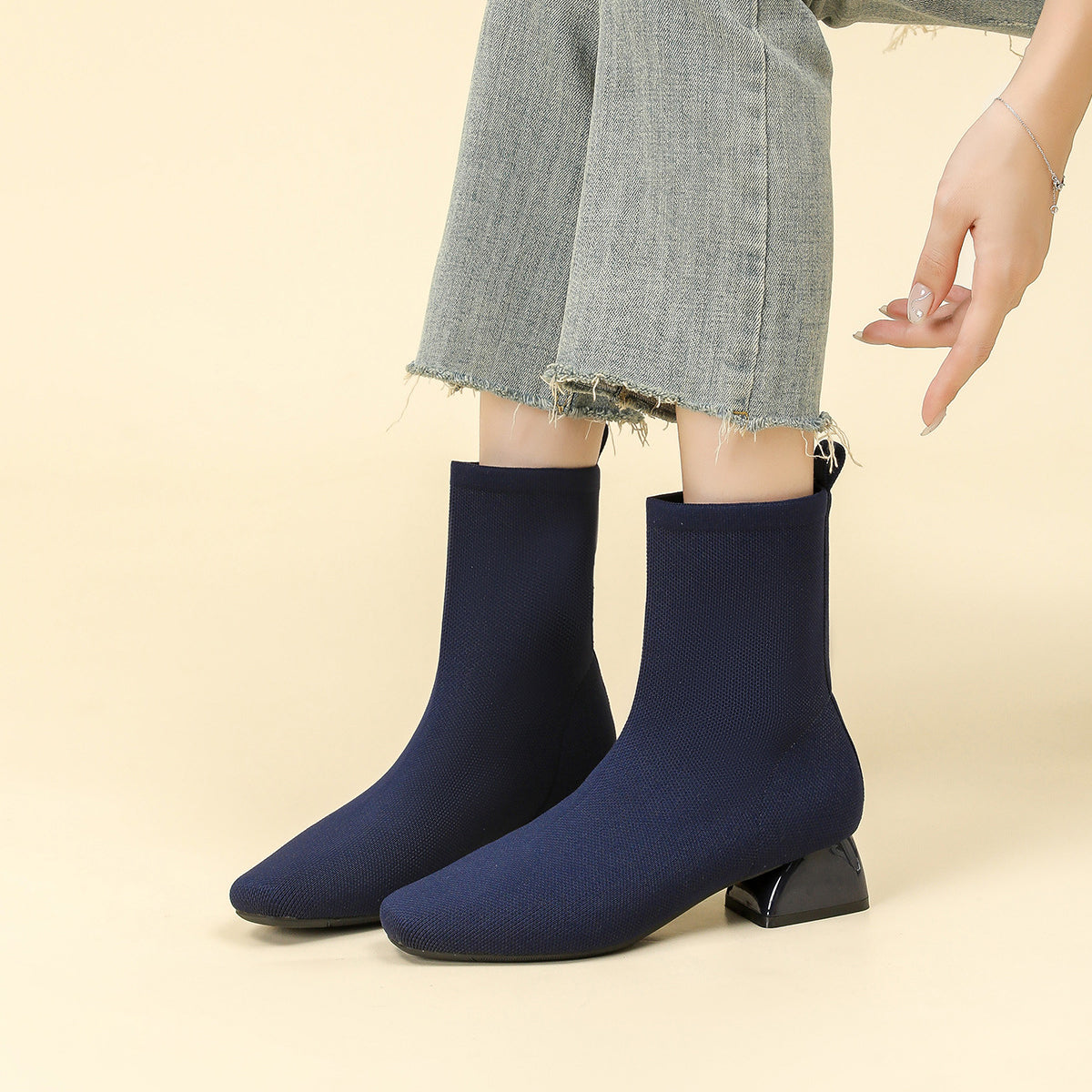 Aria Knit Ankle Boots – 5cm Block Heel Comfort