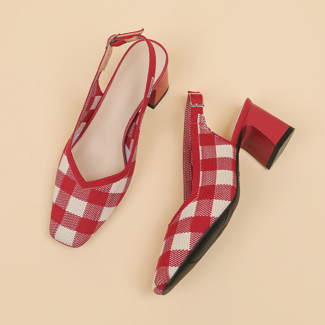 Checkered Slingback Heels – 5cm Block Heel Comfort