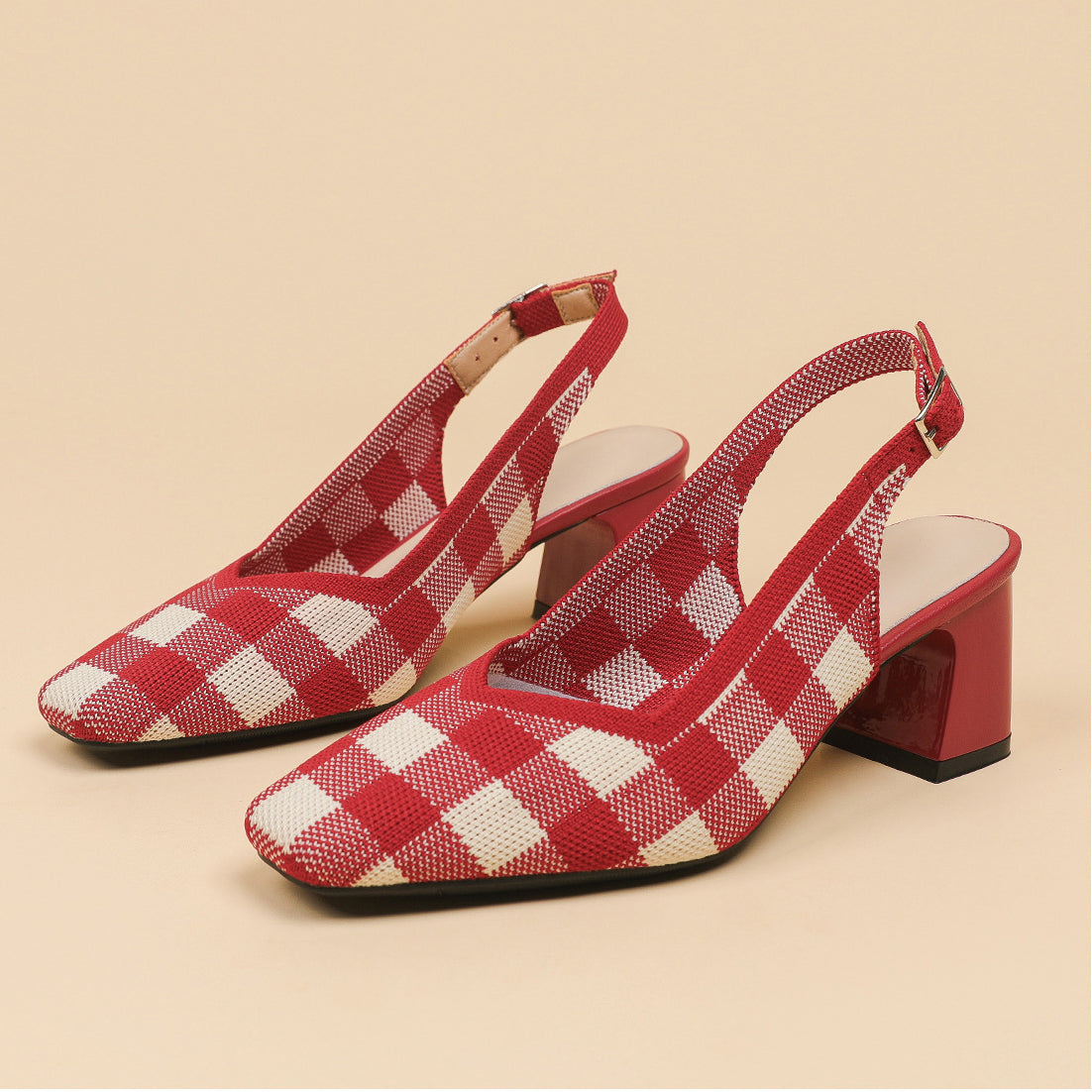 Checkered Slingback Heels – 5cm Block Heel Comfort
