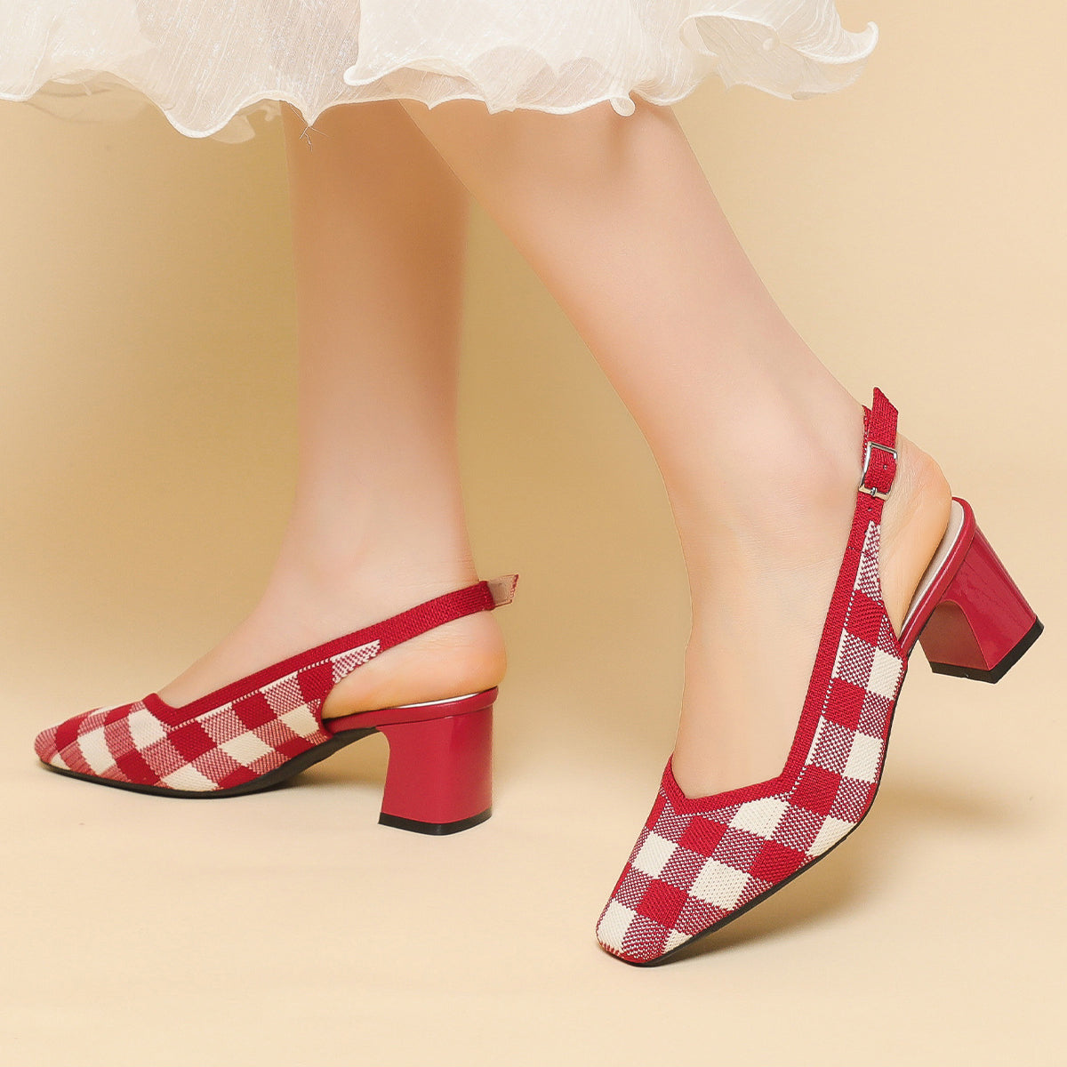 Checkered Slingback Heels – 5cm Block Heel Comfort