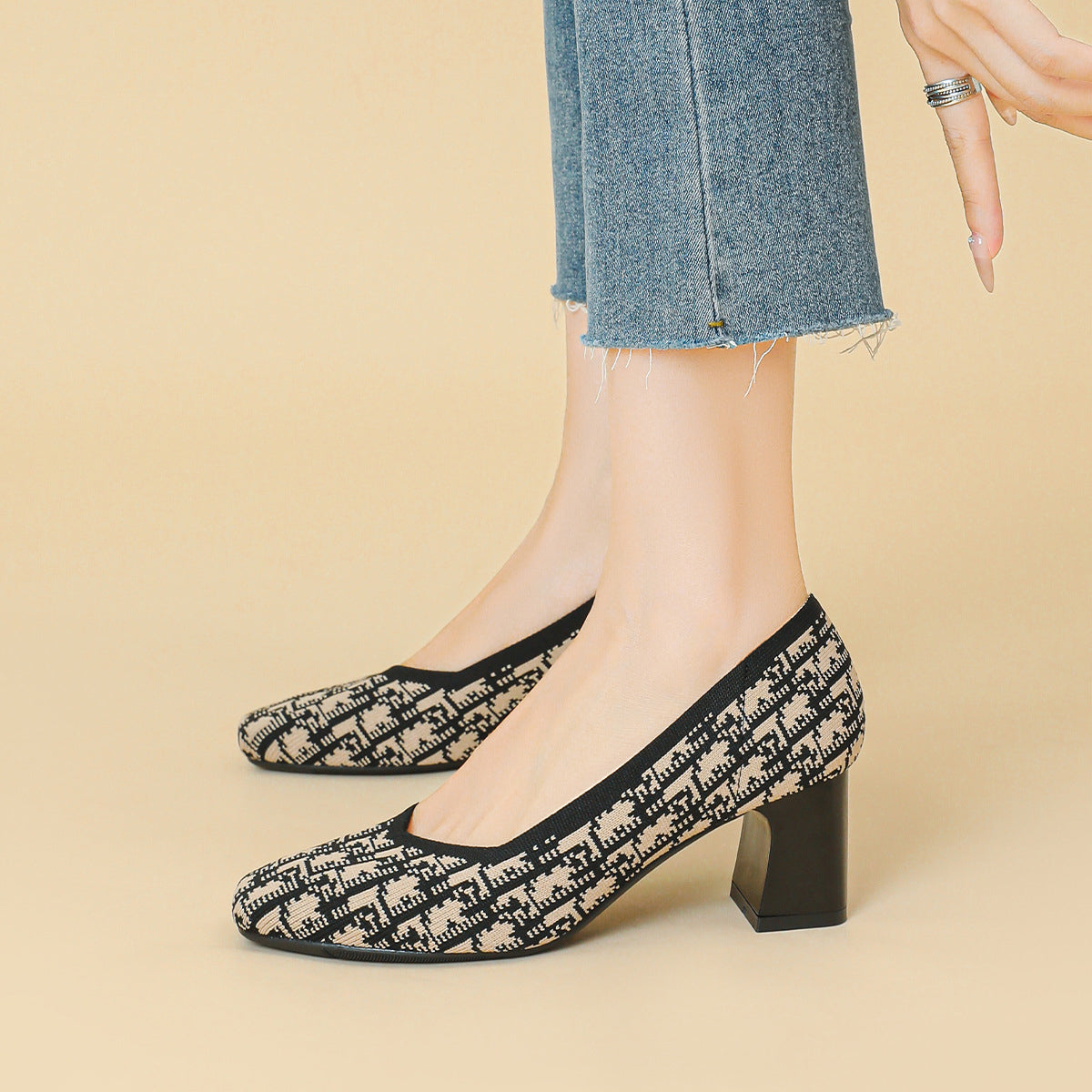 Houndstooth Knit Pumps – 5cm Block Heel Comfort