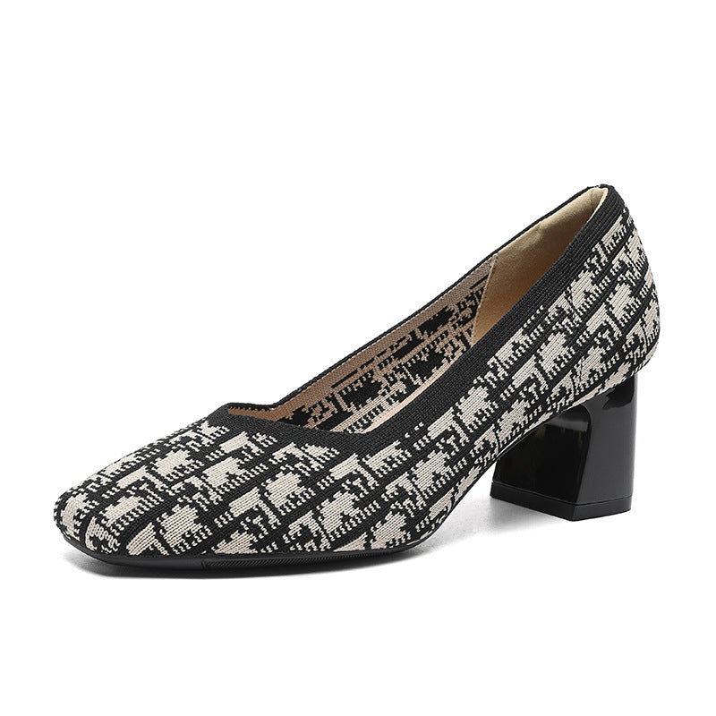 Houndstooth Knit Pumps – 5cm Block Heel Comfort