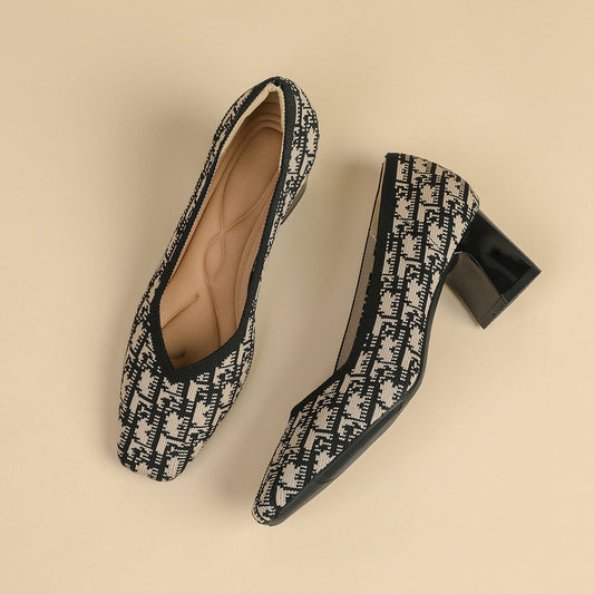 Houndstooth Knit Pumps – 5cm Block Heel Comfort