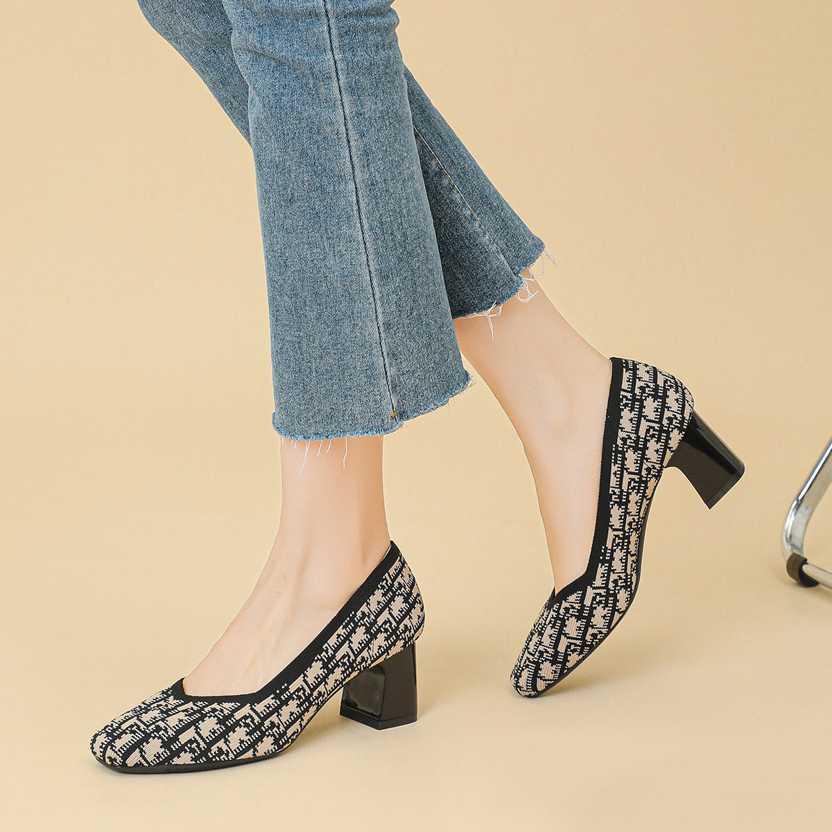Houndstooth Knit Pumps – 5cm Block Heel Comfort